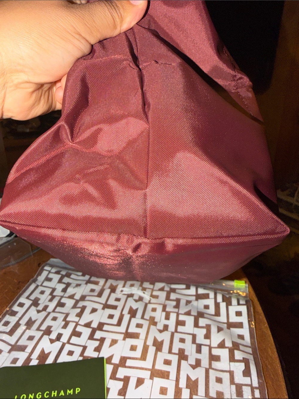 Longchamp Le Pliage Burgundy Tote with Brown Leather Trim - Picture 3 of 5